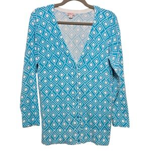 Merona, Women's XXL Cardigan Blue White Geometric Diamond Button Front V-Neck